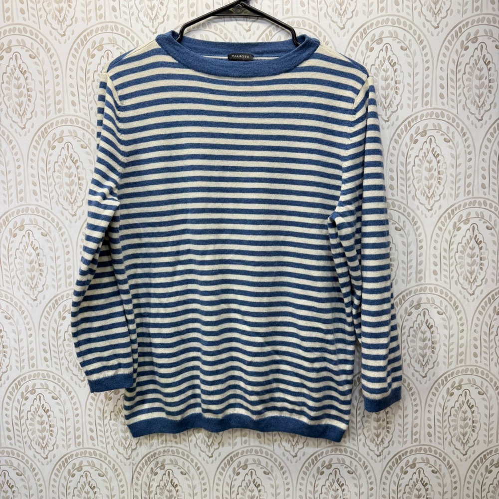 Talbots Sweater Womens XL Blue Striped Lambswool Blend Crew Neck Long Sleeve